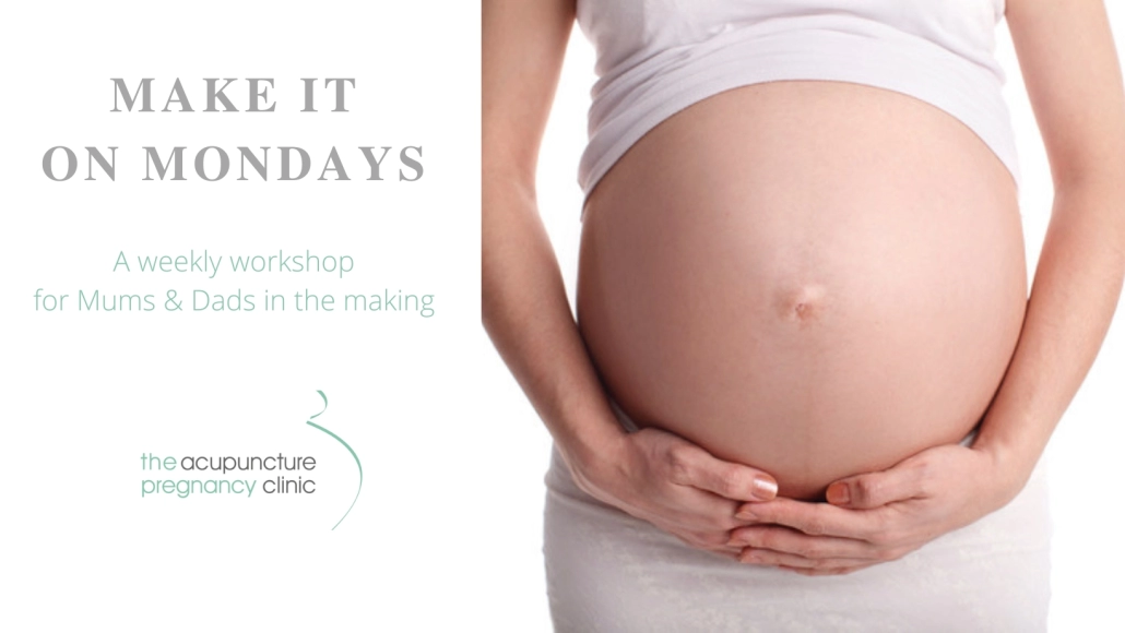 Image of a pregnant woman. On the Left side appears, making it on Monday