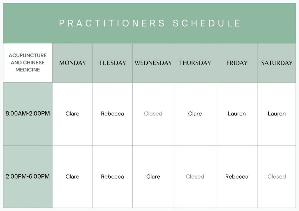 Mlebourne Clinic Schedule - Acupuncture Pregnancy Clinic