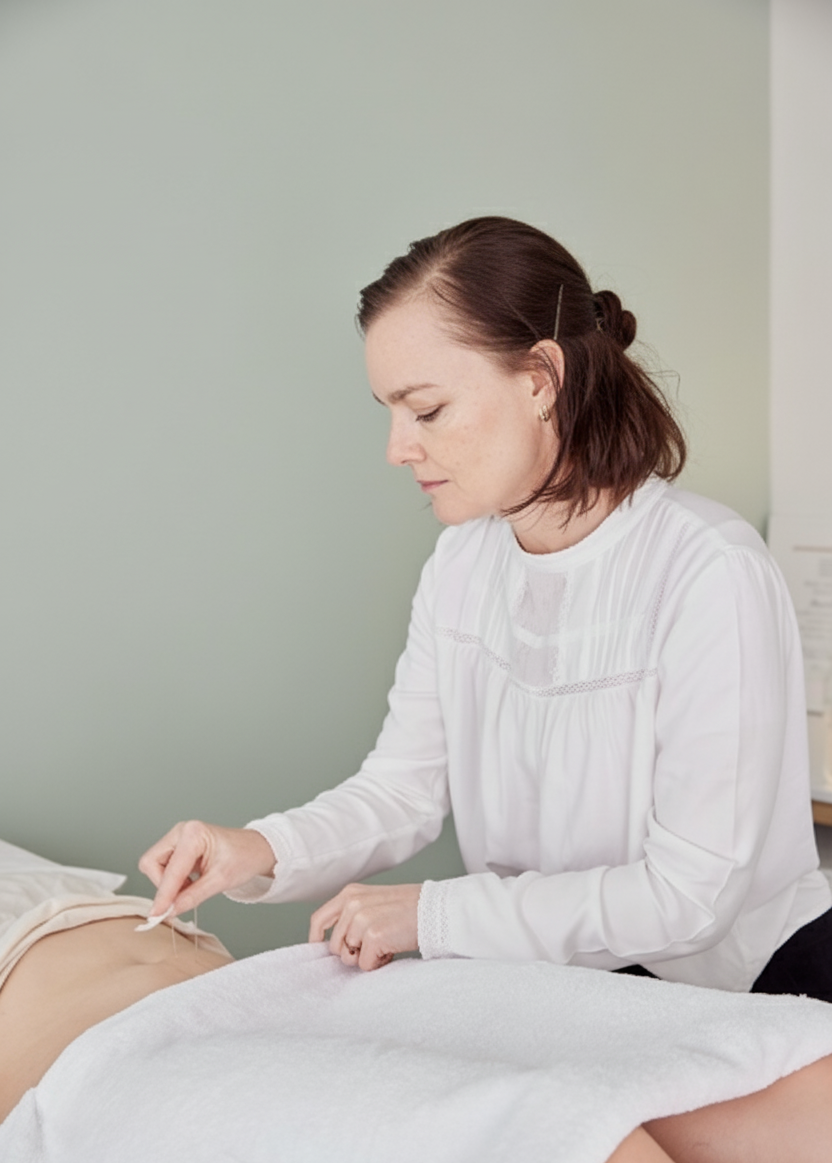 A woman receiving fertility acupuncture in a calming environment