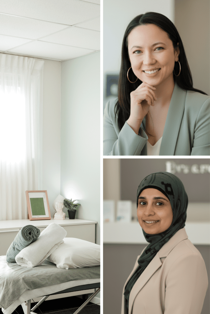 Collage of a calm spa treatment room on the left and two smiling professionals on the right: a woman in a mint blazer above and a hijab-wearing woman below.