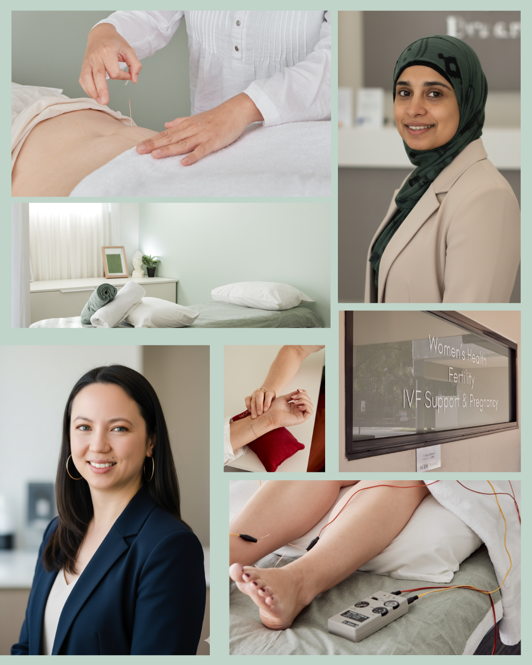 collage of a fertility clinic: acupuncture on the abdomen, smiling clinician in a hijab, a peaceful patient room, a confident woman doctor, IVF and women's health signage, and a patient undergoing electrotherapy on her legs